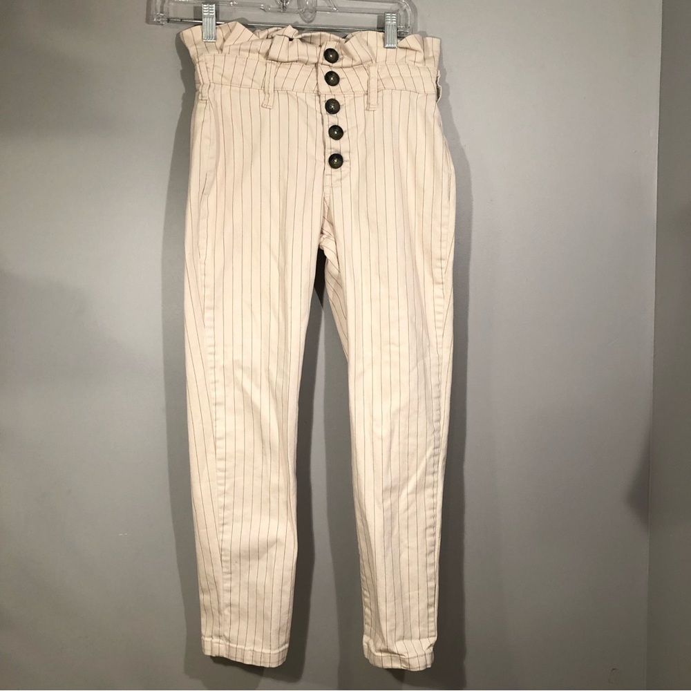 Free People Womens Jean 4 Beige Striped Paperbag Denim Boho Button Fly Crop